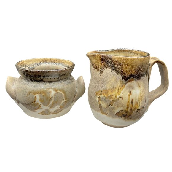 Vintage Mini Drip Glaze Ceramic Creamer & Sugar Bowl Set Studio Artist Signed - Picture 1 of 6